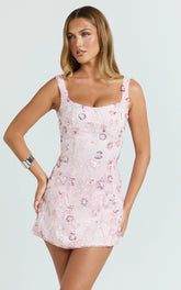 Embroidered Floral Sequin Corset Panel Dress in Pink
