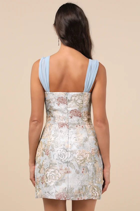 Captivating Personality Light Blue Jacquard Bustier Mini Dress